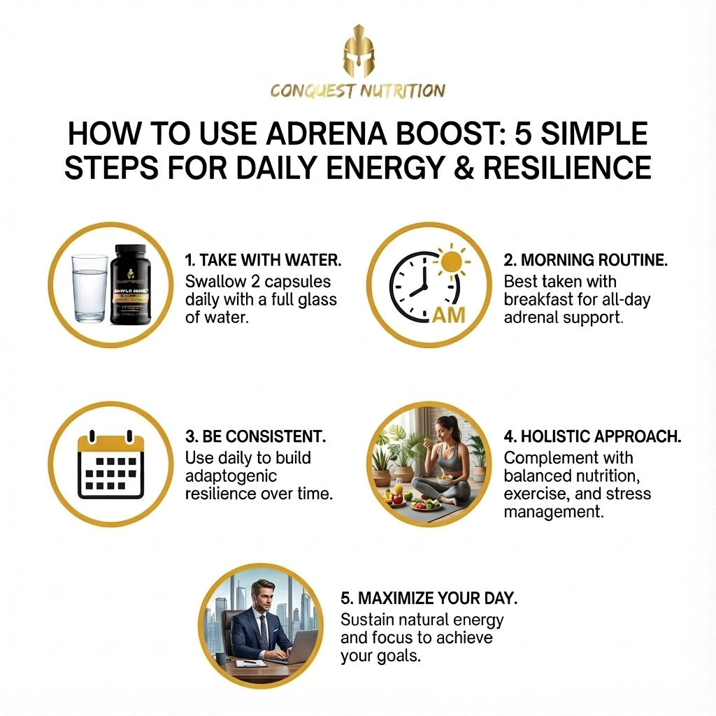 Infographic on using Adrena Boost for daily energy and resilience with Conquest Nutrition branding.