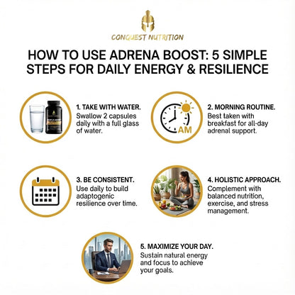 Infographic on using Adrena Boost for daily energy and resilience with Conquest Nutrition branding.