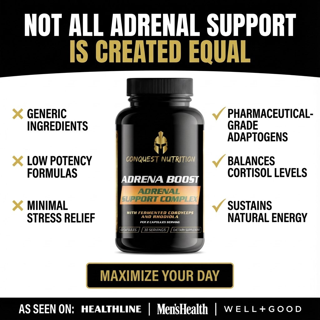 Conquest Nutrition Adrena Boost supplement bottle with promotional text on a white background