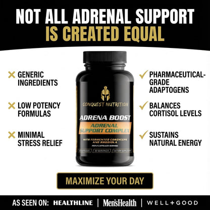 Conquest Nutrition Adrena Boost supplement bottle with promotional text on a white background