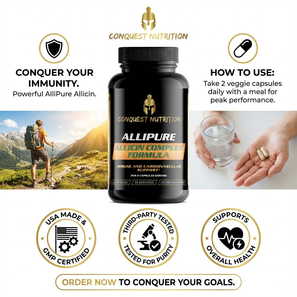 Conquest Nutrition Allipure Allicin supplement bottle with usage instructions and product features on a white background.