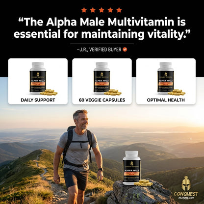 Advertisement for Alpha Male Multivitamin with a man on a mountain and product packaging.