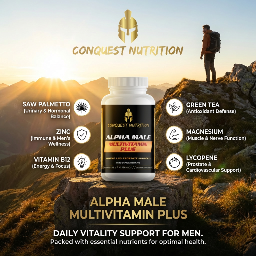 Conquest Nutrition Alpha Male Multivitamin Plus supplement bottle with mountain background