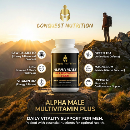 Conquest Nutrition Alpha Male Multivitamin Plus supplement bottle with mountain background