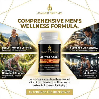 Advertisement for Conquest Nutrition Alpha Male Multivitamin Plus with product display and lifestyle images.