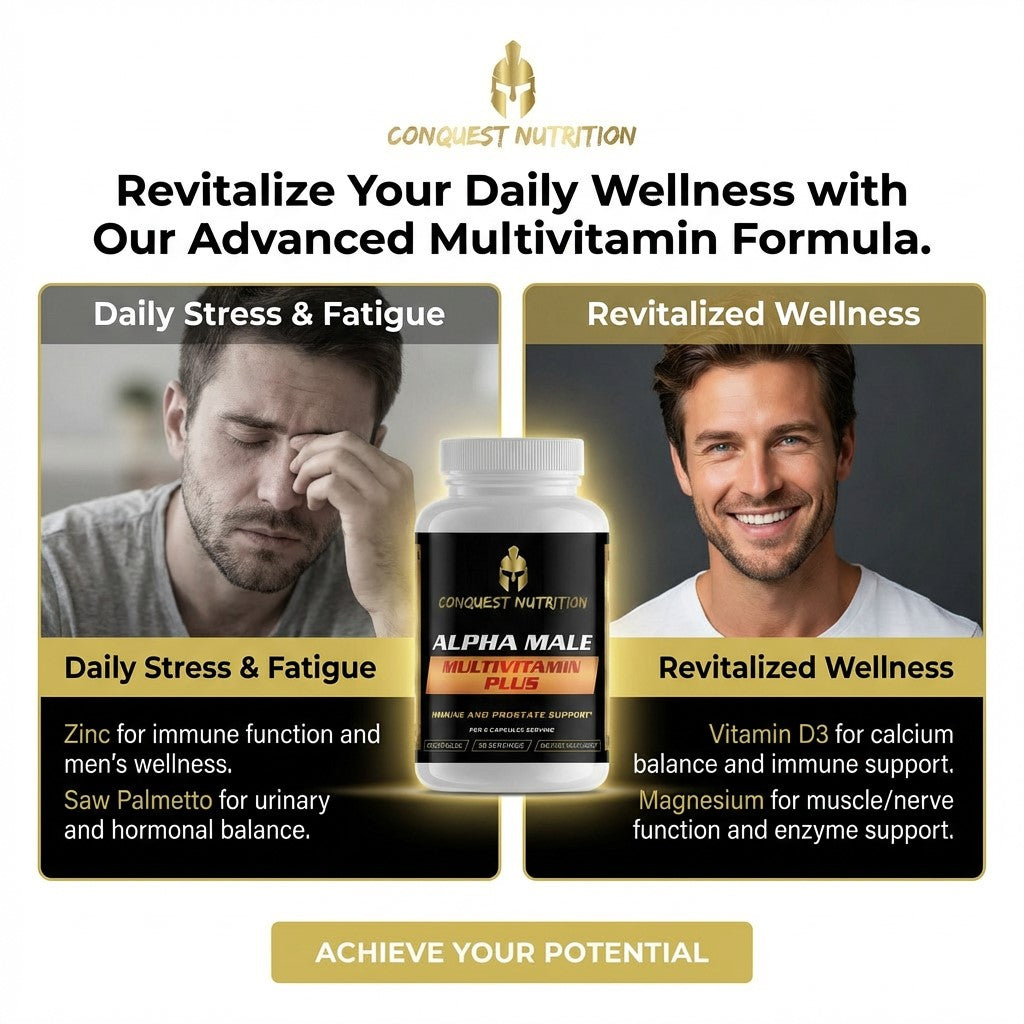 Advertisement for Conquest Nutrition Alpha Male Multivitamin Plus showing a before-and-after scenario with a man stressed on the left and revitalized on the right.