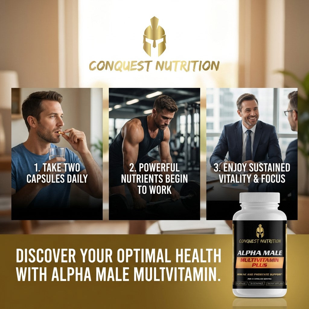 Advertisement for Conquest Nutrition Alpha Male Multivitamin with images of a man taking a supplement, working out, and discussing health benefits.