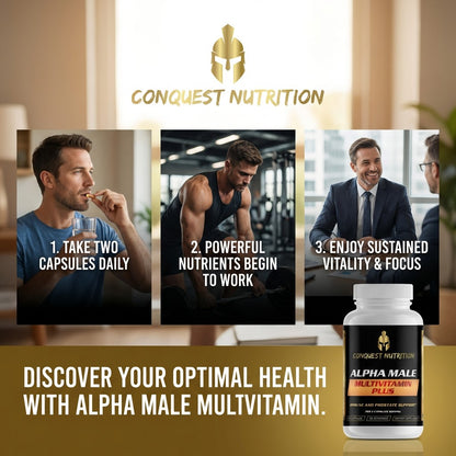Advertisement for Conquest Nutrition Alpha Male Multivitamin with images of a man taking a supplement, working out, and discussing health benefits.
