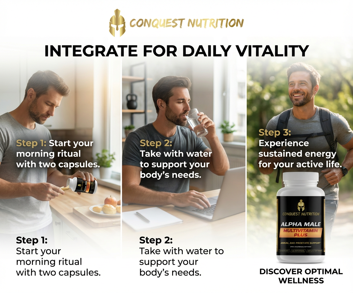 Advertisement for Conquest Nutrition supplements showing a man using the product in different scenarios.
