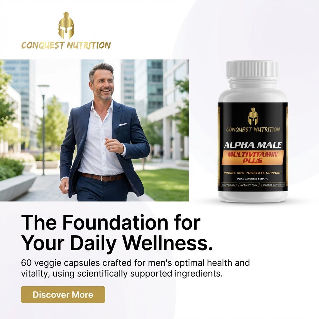 Advertisement for Conquest Nutrition Alpha Male Multivitamin Plus with a man in a suit and the product bottle.