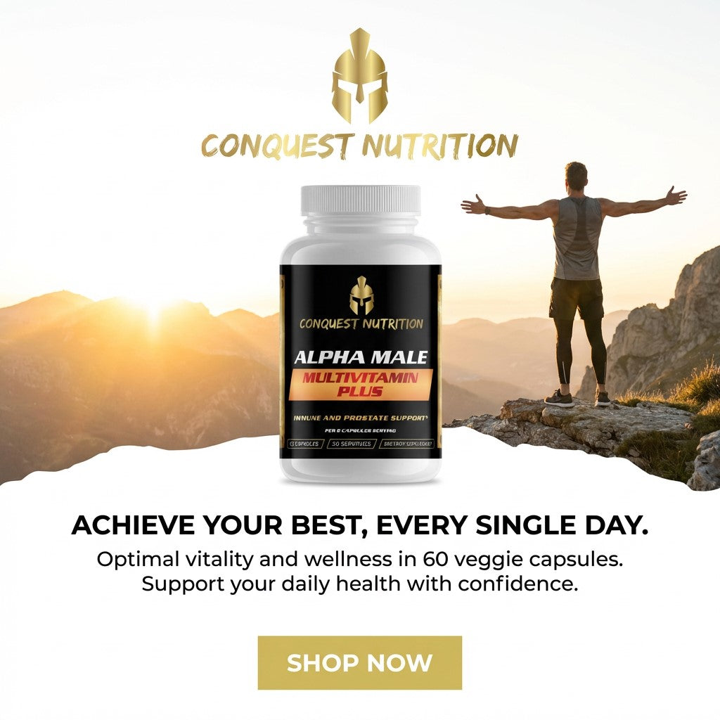 Conquest Nutrition Alpha Male Multivitamin Plus supplement bottle with a person standing on a mountain at sunset.