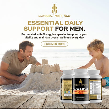 Advertisement for Conquest Nutrition supplements with a man and child building a sandcastle on a beach.