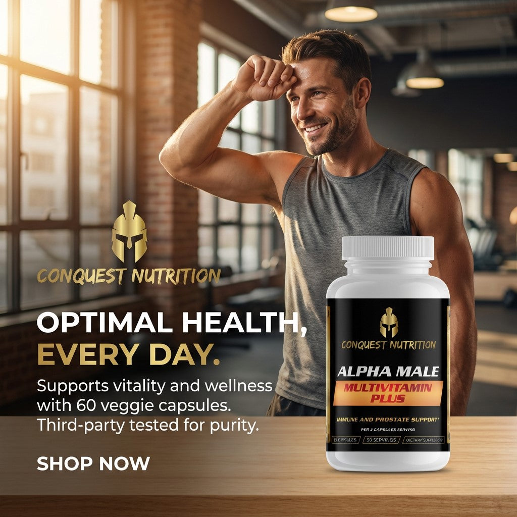 Man in a gym setting with Conquest Nutrition Alpha Male Multivitamin Plus supplement bottle.
