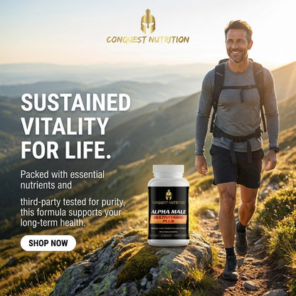Man hiking on a mountain with Conquest Nutrition supplement bottle and promotional text.