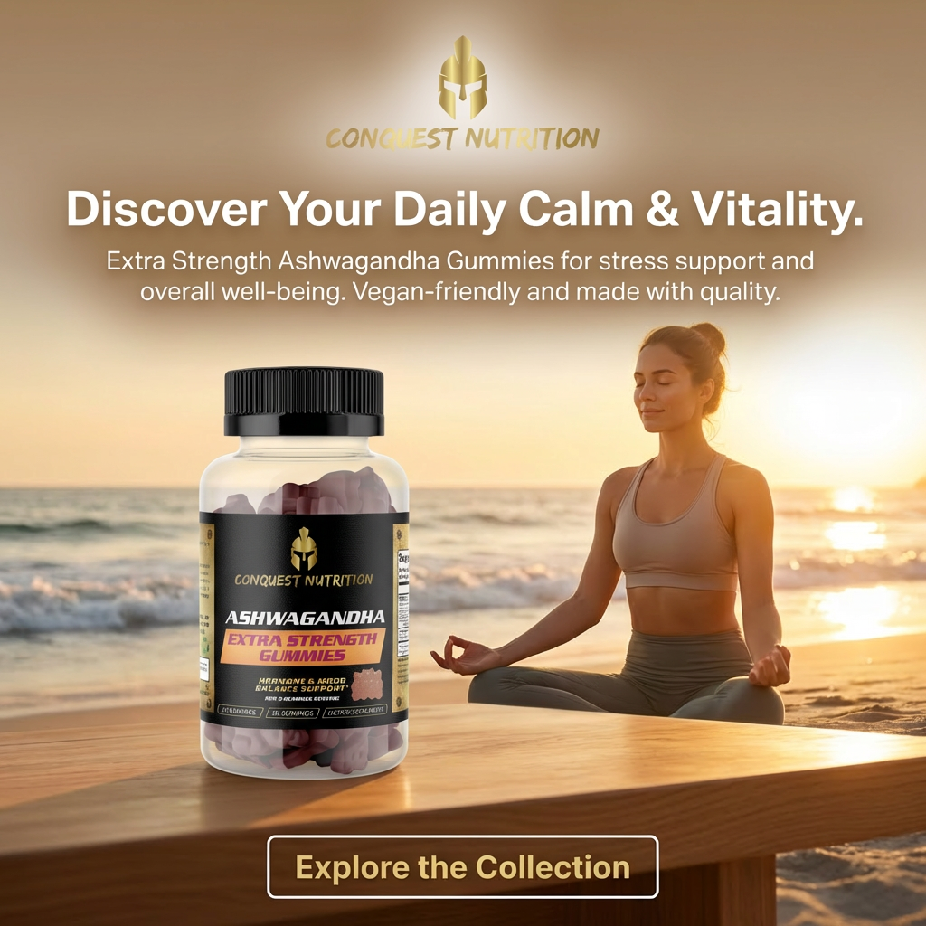 Conquest Nutrition Ashwagandha gummies with a woman meditating on a beach.