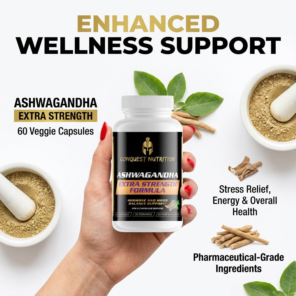 Hand holding a bottle of Conquest Nutrition Ashwagandha Extra Strength Formula with text about enhanced wellness support.