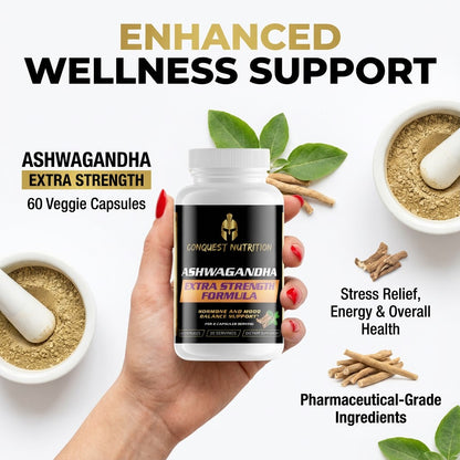 Hand holding a bottle of Conquest Nutrition Ashwagandha Extra Strength Formula with text about enhanced wellness support.