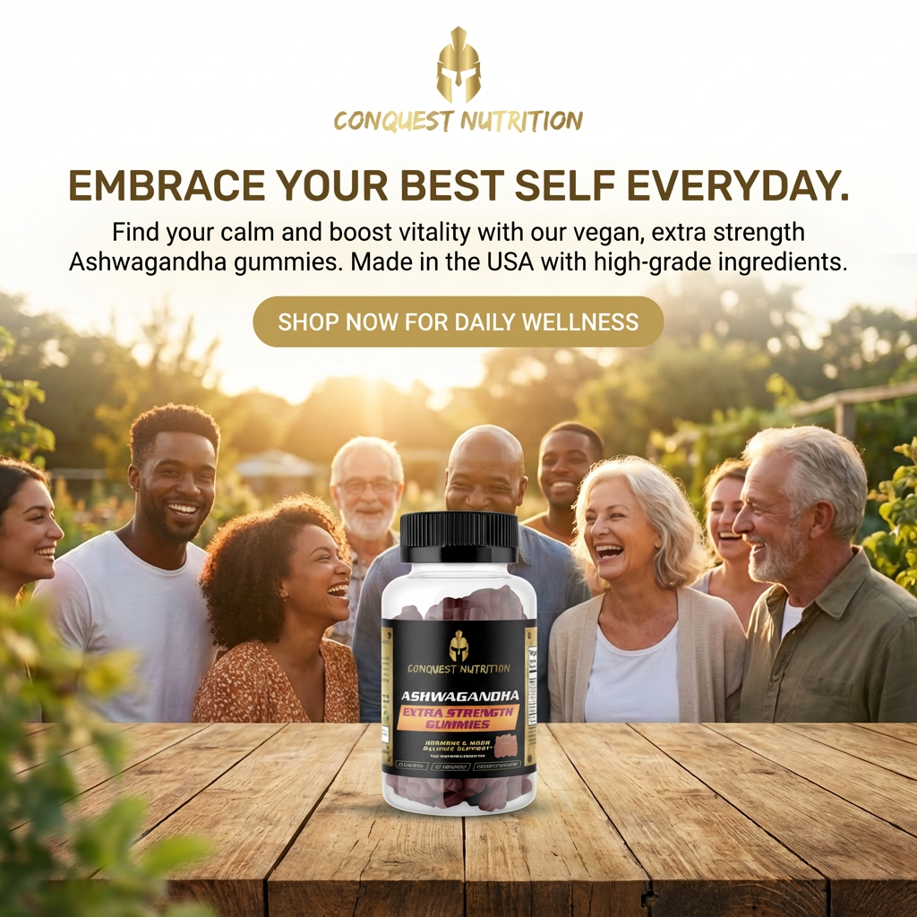 Conquest Nutrition Ashwagandha gummies advertisement with a group of people in a garden setting.