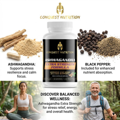 Conquest Nutrition Ashwagandha supplement with ingredients and lifestyle images on a white background