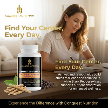 Woman writing in a notebook with Conquest Nutrition Ashwagandha supplement on a table.