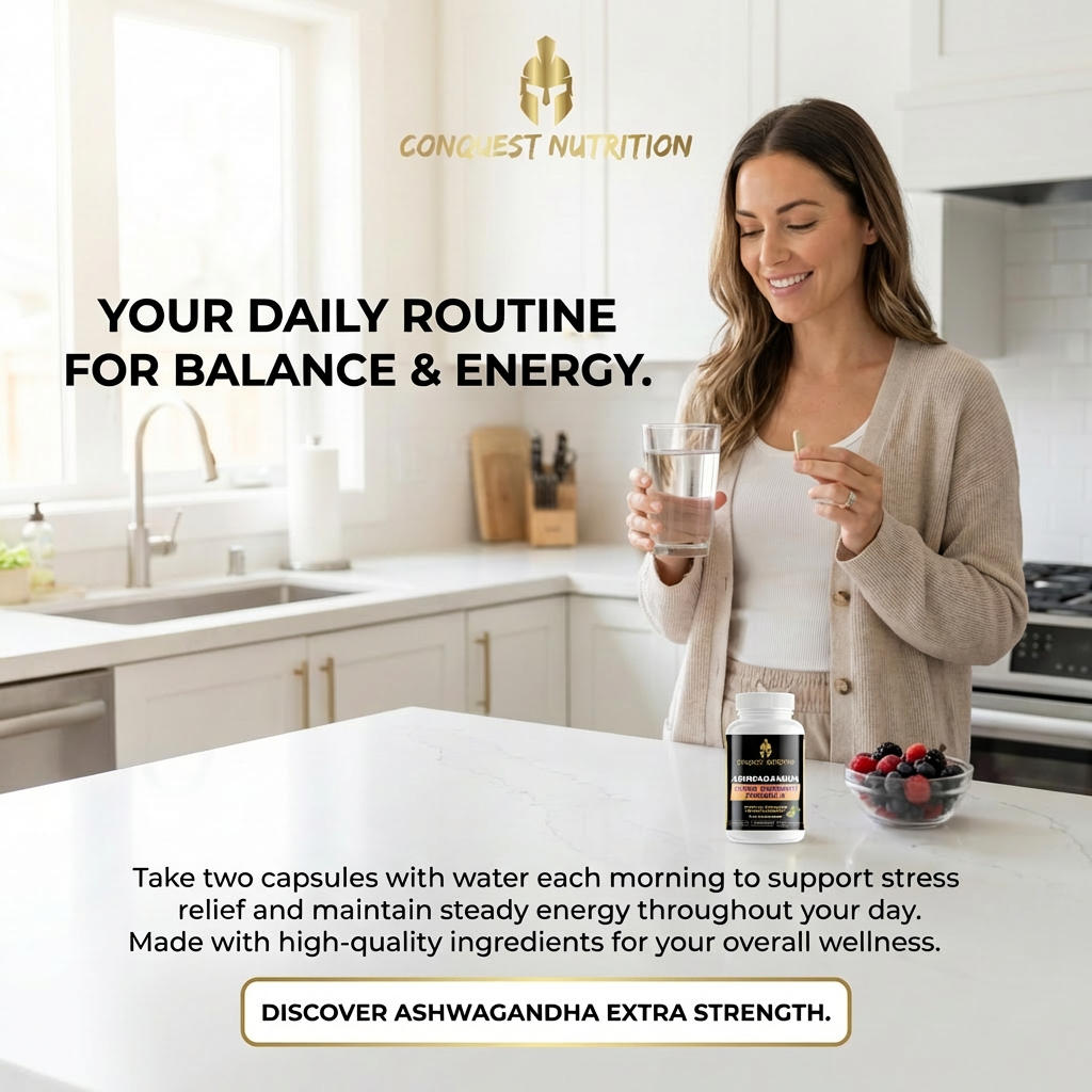 Woman in a kitchen holding a glass of water and a supplement bottle, with text about Conquest Nutrition products.