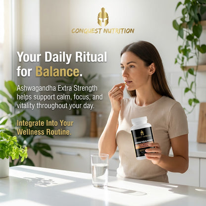 Woman holding a supplement bottle with text about Ashwagandha Extra Strength and Conquest Nutrition branding.