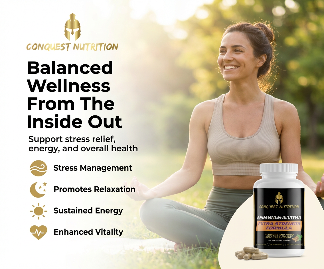 Woman meditating outdoors with Conquest Nutrition supplement bottle and text about balanced wellness.