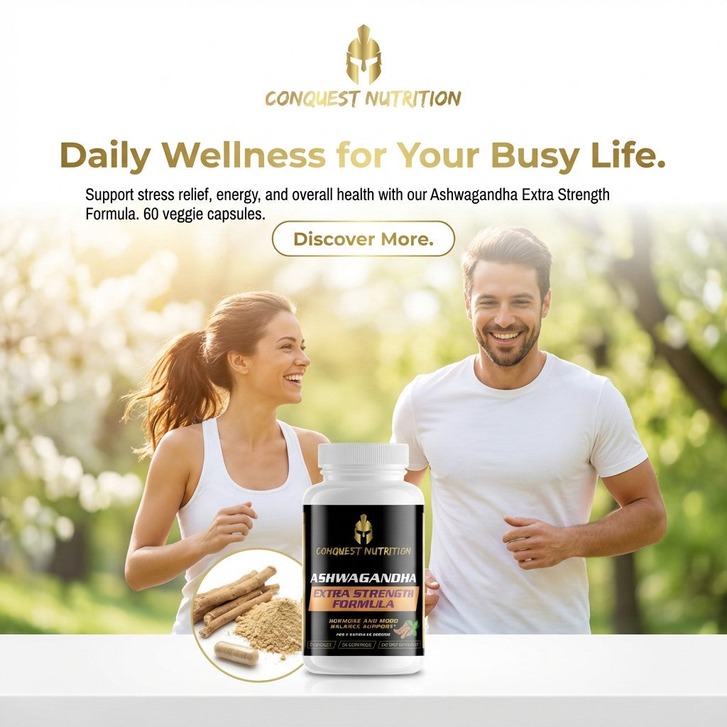 Advertisement for Conquest Nutrition Ashwagandha Extra Strength capsules with a man and woman outdoors.