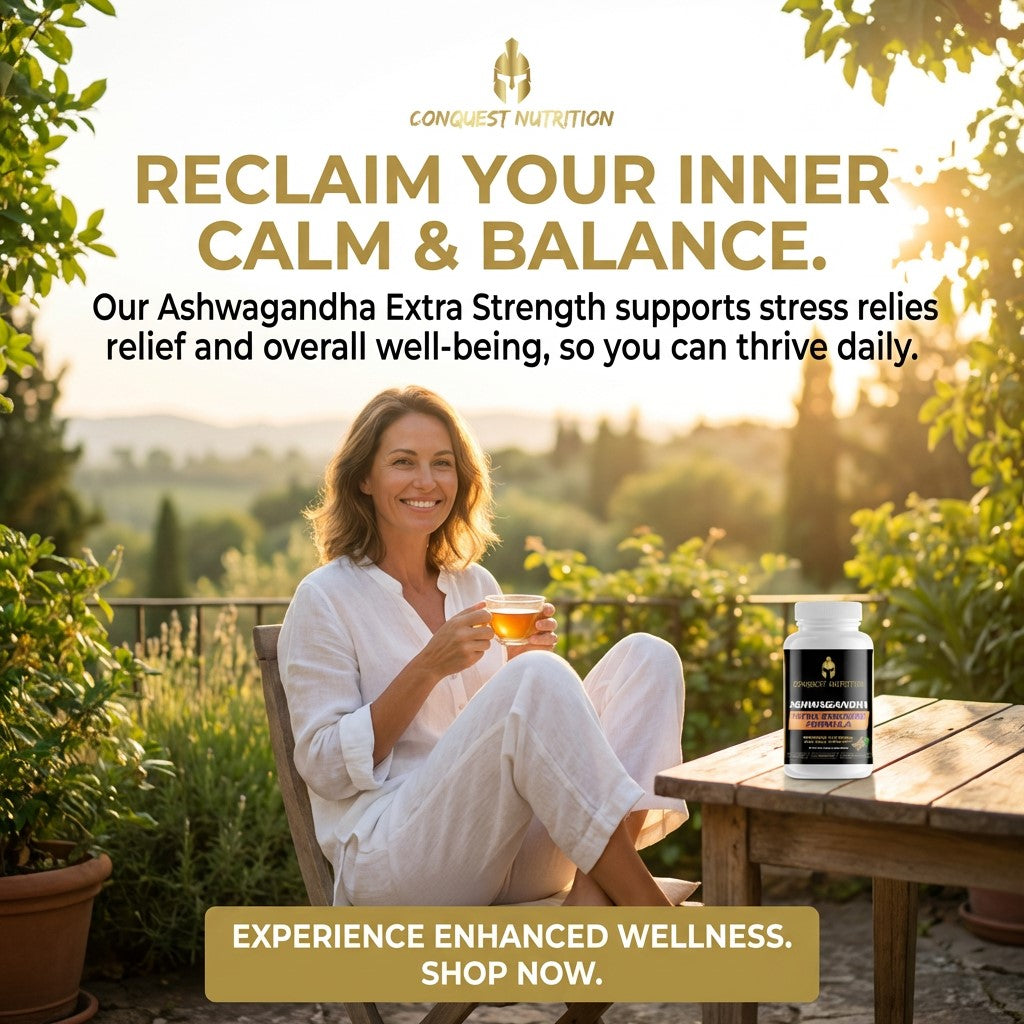Woman sitting outdoors with a cup, next to a bottle of Conquest Nutrition Ashwagandha Extra Strength supplement, with text about stress relief and wellness.