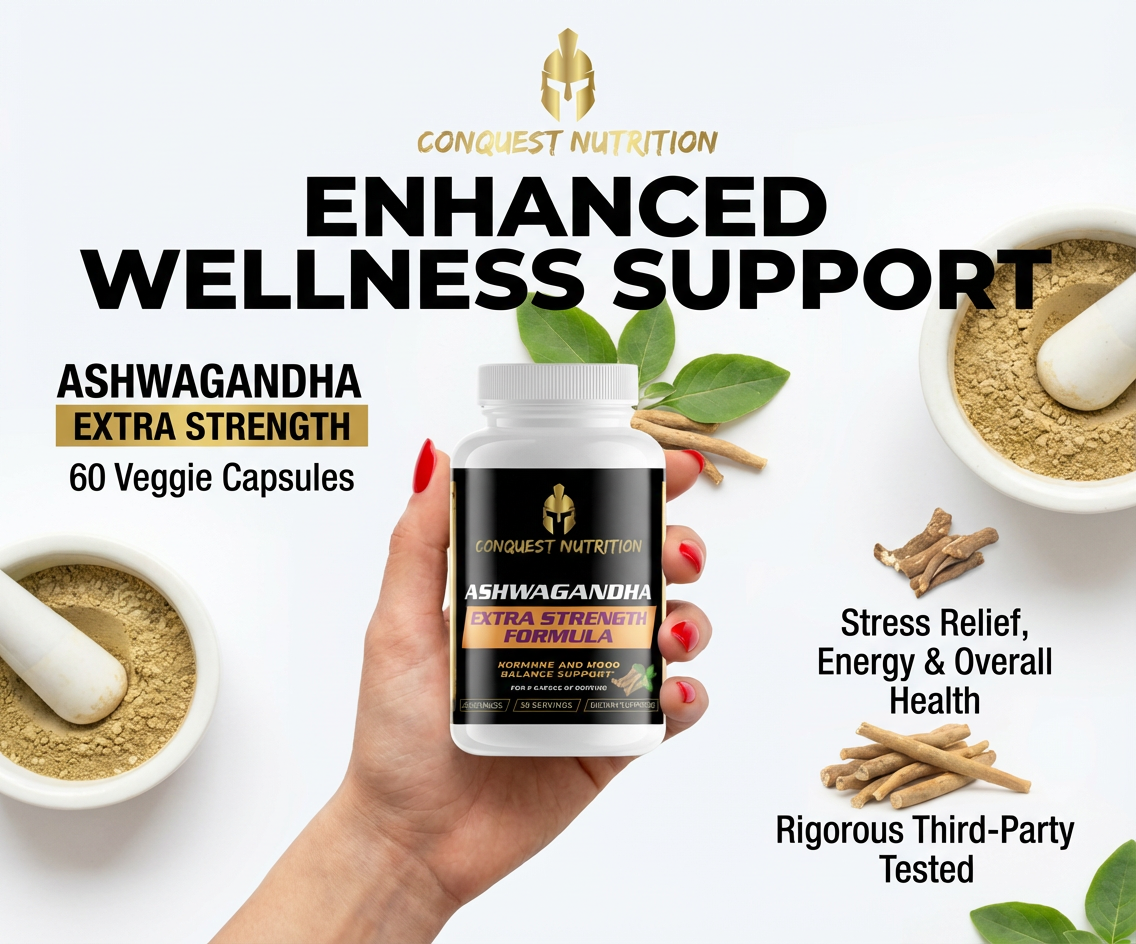 Conquest Nutrition Ashwagandha Extra Strength supplement bottle held in a hand with wellness support text and images.
