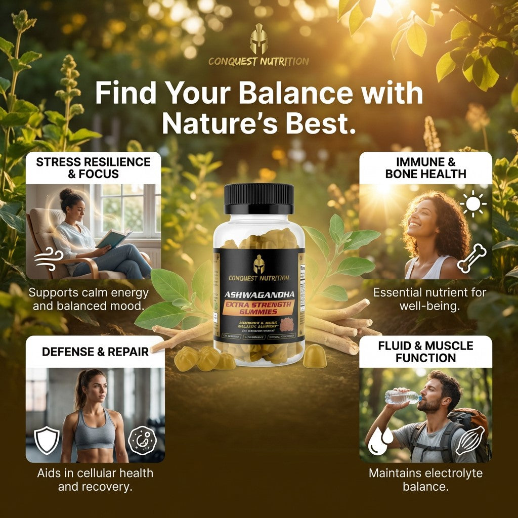 Conquest Nutrition supplement bottle with lifestyle images and text on a nature-themed background