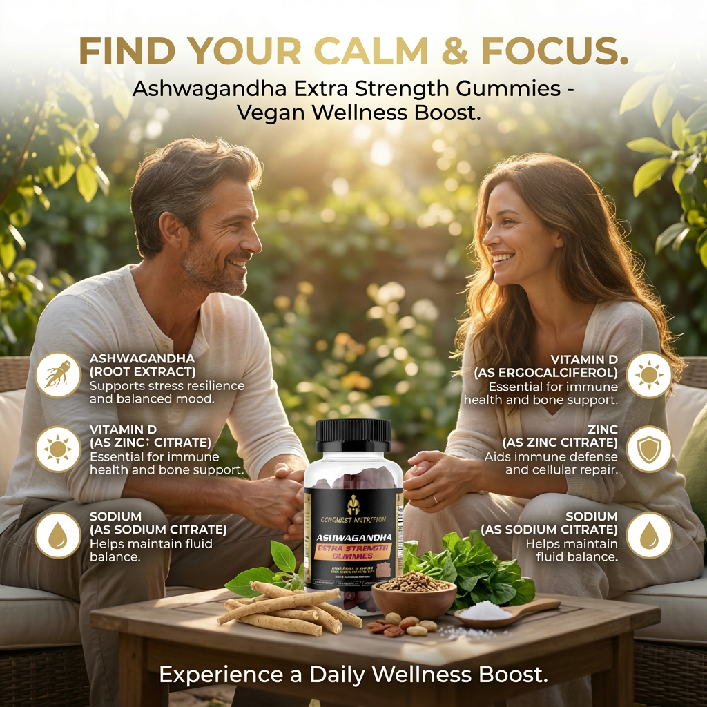 Couple enjoying a moment outdoors with a bottle of Ashwagandha Extra Strength Gummies.