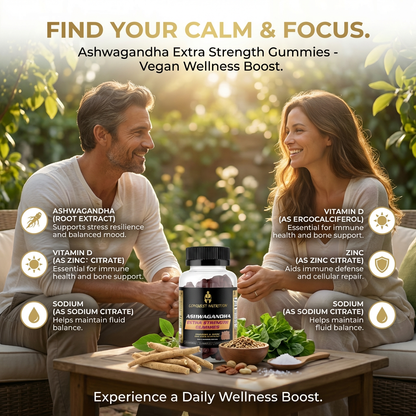 Couple enjoying a moment outdoors with a bottle of Ashwagandha Extra Strength Gummies.