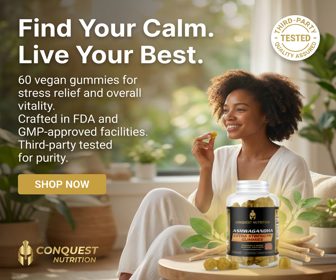 Woman enjoying a supplement with text about Conquest Nutrition gummies.