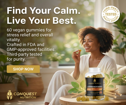 Woman enjoying a supplement with text about Conquest Nutrition gummies.
