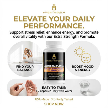 Advertisement for Conquest Nutrition Ashwagandha supplement with text on benefits and usage.