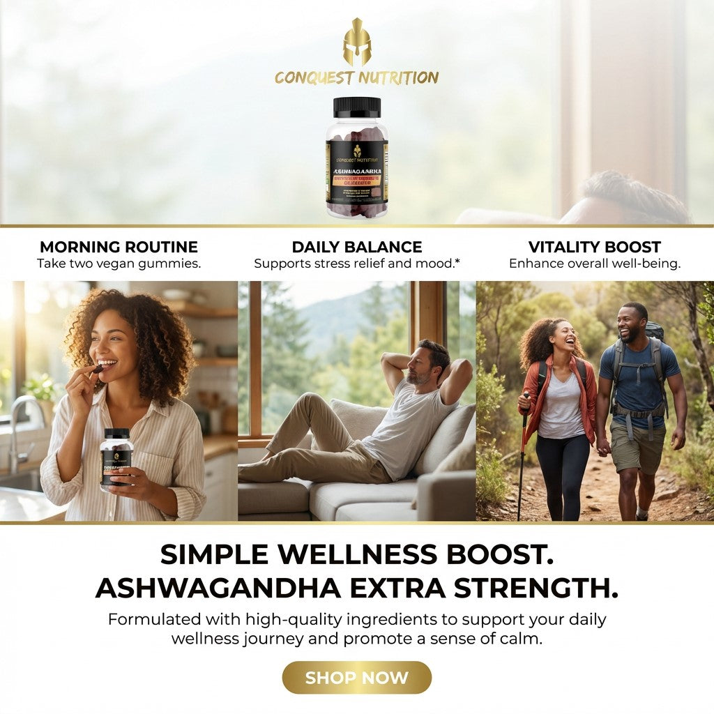 Advertisement for Conquest Nutrition Ashwagandha Extra Strength with lifestyle images and product packaging.