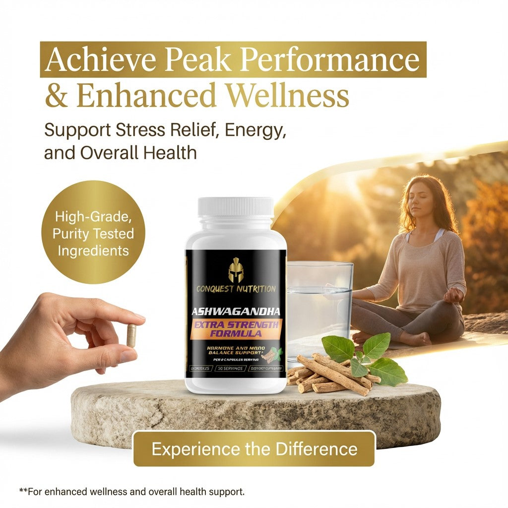 Conquest Nutrition Ashwagandha supplement with a woman meditating in the background, promoting peak performance and enhanced wellness.