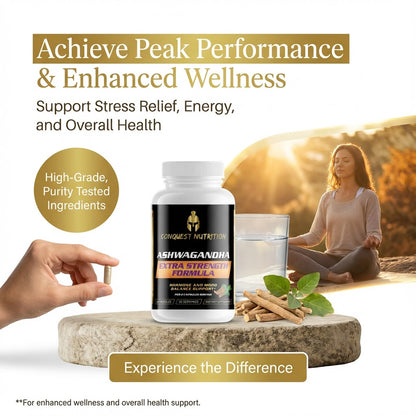 Conquest Nutrition Ashwagandha supplement with a woman meditating in the background, promoting peak performance and enhanced wellness.