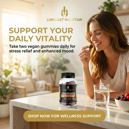 Woman taking a gummy supplement with a bottle of Arbonne gummies on a table, surrounded by plants and a glass of water.