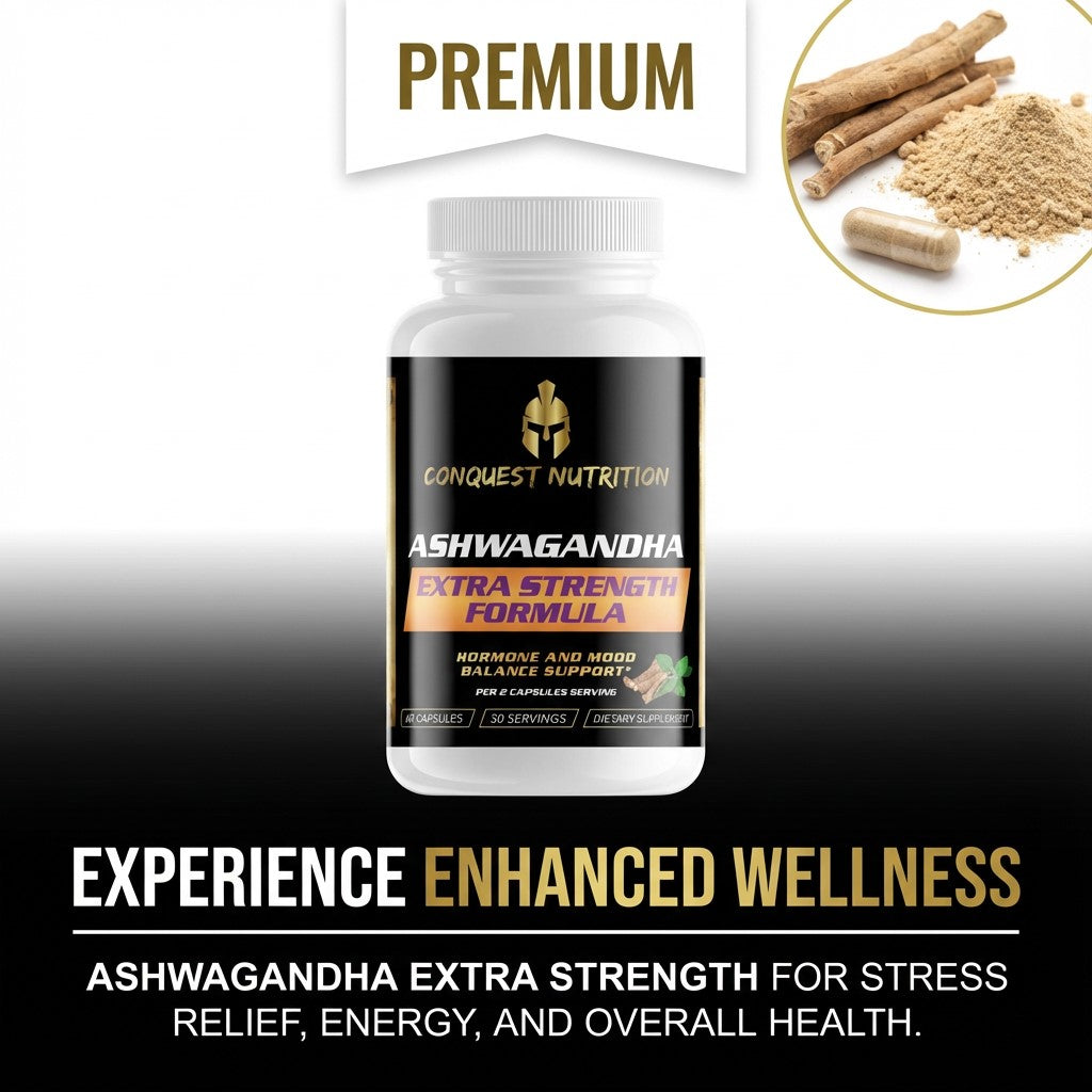 Bottle of Conquest Nutrition Ashwagandha Extra Strength Formula with ingredients shown.