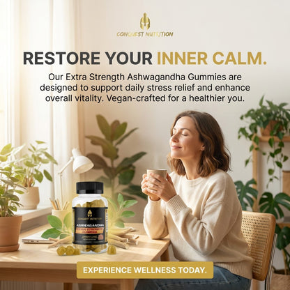 Woman holding a mug in a cozy room with a bottle of Ashwagandha gummies and text about stress relief and wellness.