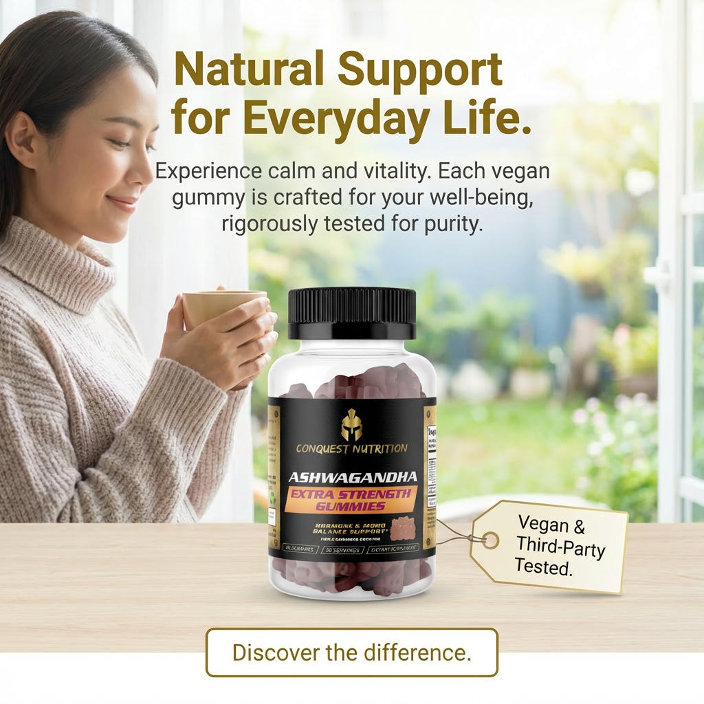 Woman holding a mug with a bottle of Conquest Nutrition Ashwagandha gummies on a table.