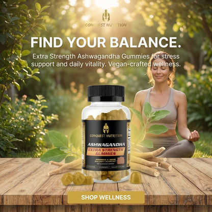 Conquest Nutrition Ashwagandha gummies with a woman meditating outdoors, promoting wellness and stress support.