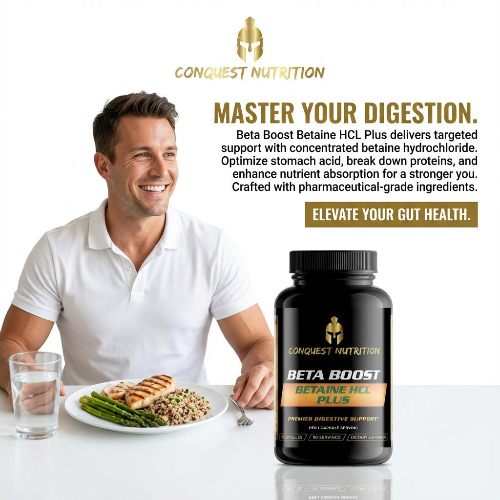Man eating a meal with a bottle of Conquest Nutrition Beta Boost Betaine HCL Plus supplement.