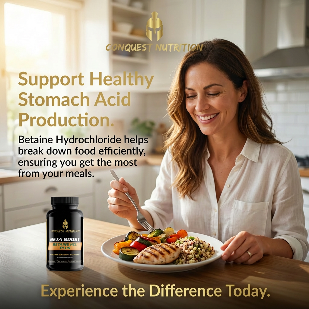 Woman eating a meal with a bottle of Conquest Nutrition product in a kitchen setting.