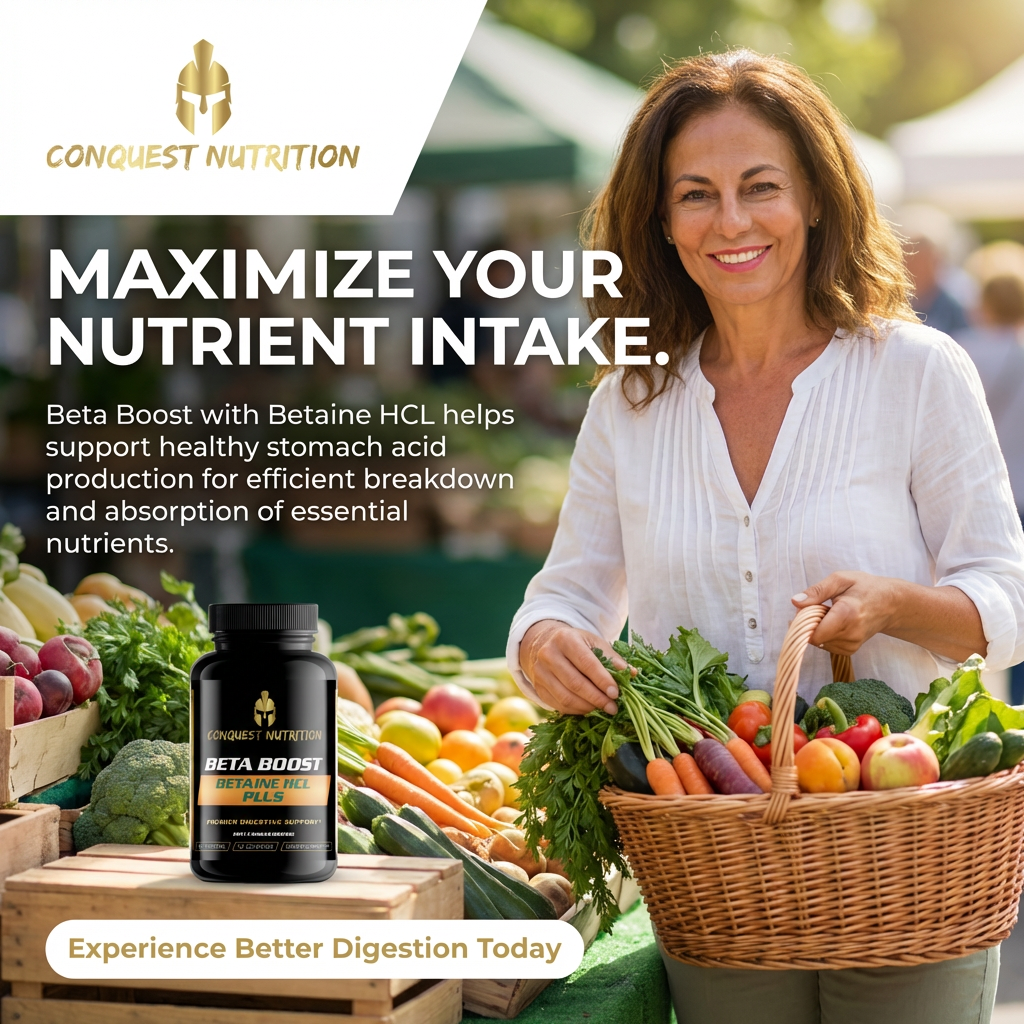 Woman with a basket of vegetables and a bottle of Beta Boost pills, promoting nutrient intake and better digestion.