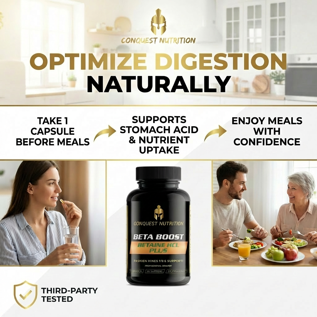 Advertisement for Conquest Nutrition Beta Boost supplement with text on optimizing digestion naturally.