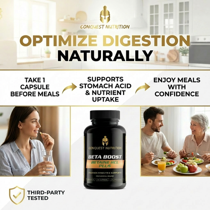 Advertisement for Conquest Nutrition Beta Boost supplement with text on optimizing digestion naturally.