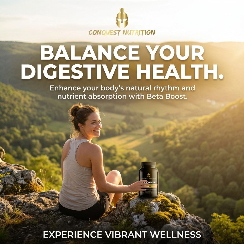 Woman sitting on a rock with a supplement bottle, surrounded by a scenic landscape with text promoting digestive health and wellness.